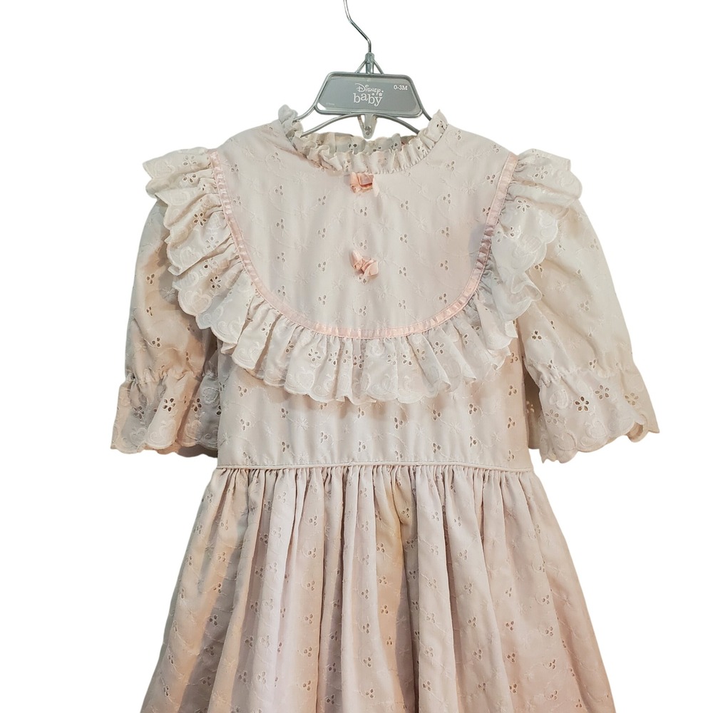 Vintage 90s Girl's Eyelet Dress Ruffle Trim Ribbon Accent  Size 6 Made‎ In USA